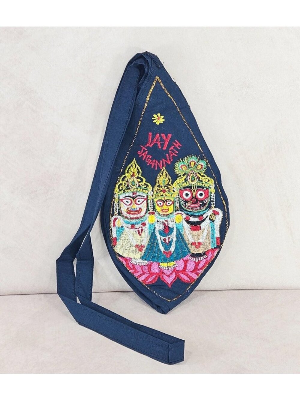 Jay Jagannath Embroidered Bead Bag Hindu Devotional Prayer Japa Pouch Blue
